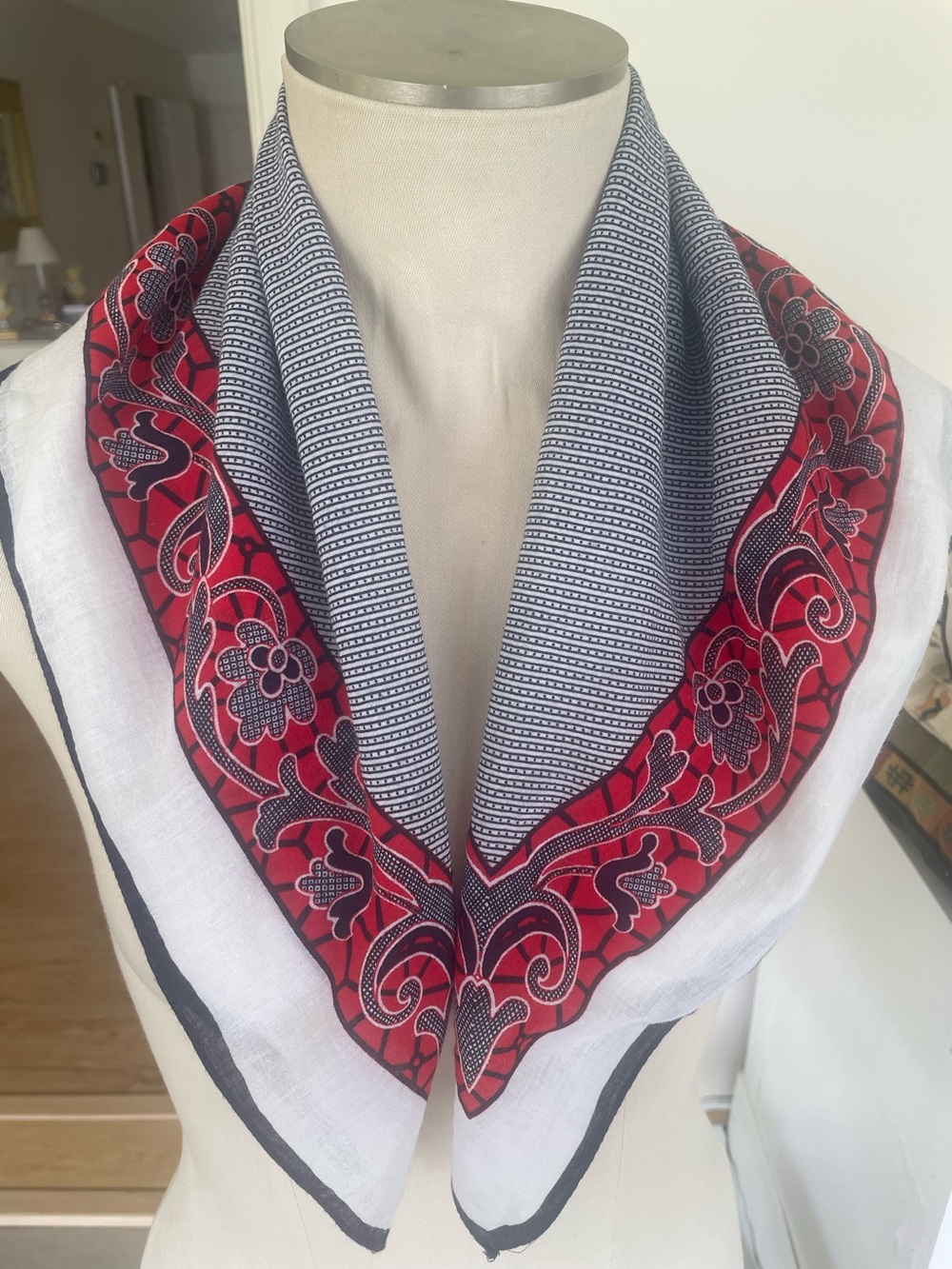 Mouette French Cotton Scarf  26 inches Square Red White Blue  vintage 1980’s
